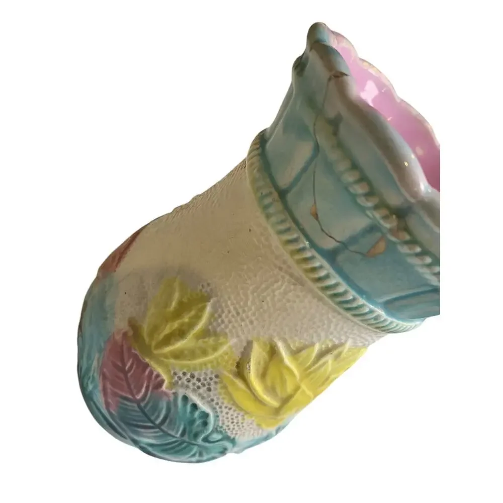 Antique‎ Majolica Water Lily Pond Vase 5.5 Inch High Repaired Vivid